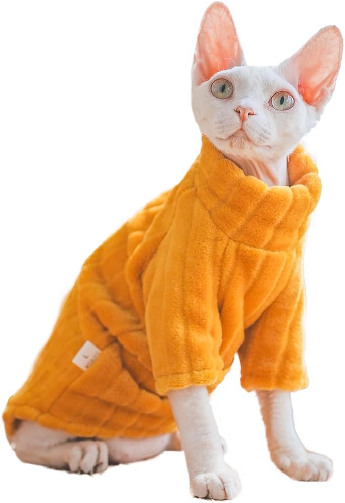 Turtleneck Sweater for Sphynx Cat Soft Coral Fleece Cat Clothes Thick Winter Warm Outfit Coat for Hairless Cats and Small Dogs Apparel with Sleeves (Orange, M (5-7 lbs))