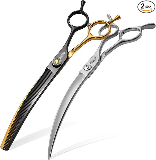 45°Curved Dog Grooming Scissors Curved Thinning Shears 2PCS Combo(Black&Gold)
