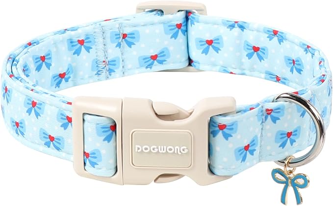 DOGWONG Blue Dog Collar, Cute Blue Boy Dog Collar Adjustable Soft Male Female Pet Dogs Collar Bowtie Printed Dog Collars for Medium Large Dogs