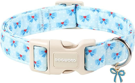 DOGWONG Blue Dog Collar, Cute Blue Boy Dog Collar Adjustable Soft Male Female Pet Dogs Collar Bowtie Printed Dog Collars for Medium Large Dogs