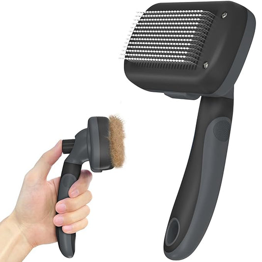 Dipoo Self-Cleaning Deshedding Brush for Dogs & Cats - Skin-Friendly Grooming Tool with Hair Brush for Long and Short Haired Pets, Grey