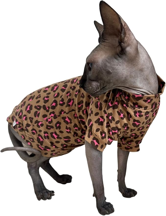 Limited Edition Sphynx Cat Cotton T-Shirts Hairless Cat Sweatshirt Pet Kitten Clothes Round Collar Kitten Shirts Vest Cats & Small Dogs Apparel (Pink Brown Leopard, L (7.7-9.9 lbs))