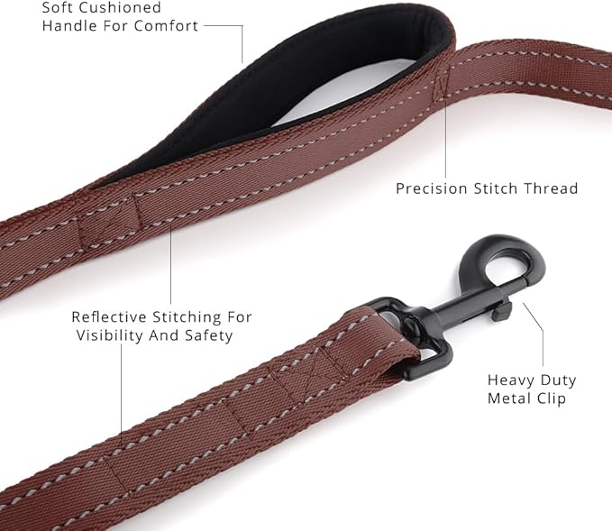 Plutus Pet Double Handle Dog Leash 5ft, Heavy Duty, Reflective Dual Handle Dog Leash for Safety Training, for Medium Large Dogs,2 Handle Leads, Chocolate
