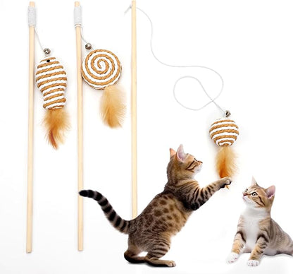 Goosheep 15.8inch 3Pack Interactive Cat Wand Toy for Indoor Cats Teases for Bored Indoor Adult Cats to Chase and Exercise Solid Wood Bell Ball
