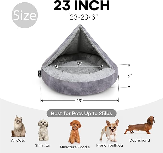 Cozy Soft Dog Bed with Hooded Blanket Warm Calming Cat Cave for Small Medium Dogs and Cats, Non-Slip Bottom & Machine Washable Pet Beds, Grey 23x23x6″