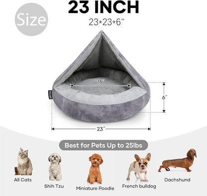 Cozy Soft Dog Bed with Hooded Blanket Warm Calming Cat Cave for Small Medium Dogs and Cats, Non-Slip Bottom & Machine Washable Pet Beds, Grey 23x23x6″