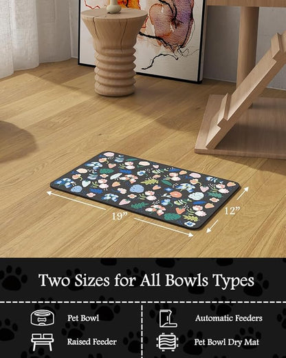 Pet Feeding Mat-Absorbent Dog Mat for Food and Water Bowl-No Stains Quick Dry Water Dispenser Mat-Dog Accessories Pet Supplies-Bowl for Messy Drinkers（DARKFLOWERS,12"x19"