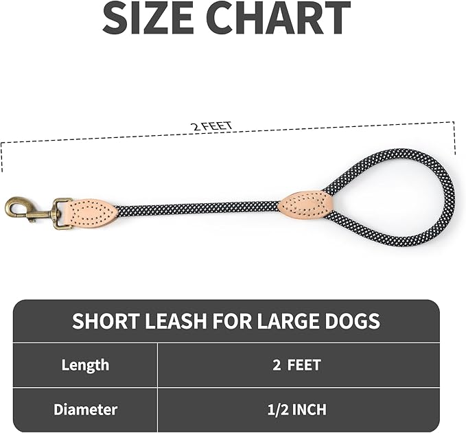 Mile High Life Short Dog Leash, Short Leash for Large Dogs, Reflective Dog Lead with w Leather Tip, Heavy Duty Leash for Large and Medium Dogs Training and Walking(Black, 18 Inch)