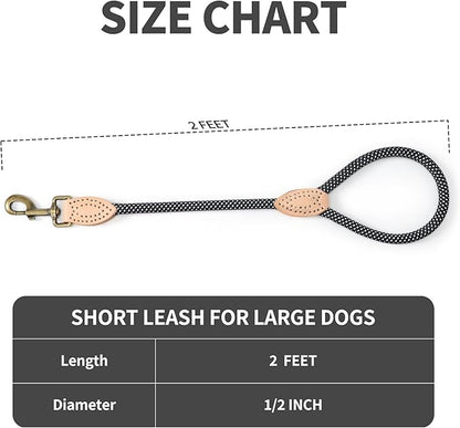 Mile High Life Short Dog Leash, Short Leash for Large Dogs, Reflective Dog Lead with w Leather Tip, Heavy Duty Leash for Large and Medium Dogs Training and Walking(Black, 18 Inch)