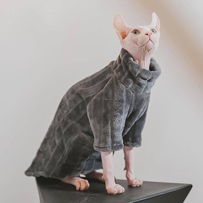 Turtleneck Sweater for Sphynx Cat Soft Coral Fleece Cat Clothes Thick Winter Warm Outfit Coat for Hairless Cats and Small Dogs Apparel with Sleeves (Grey, XXL (13.3-16 lbs))