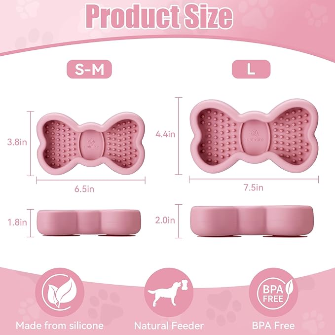 Lick Mat for Dogs, Animire Anti-Spilled Bow Tie Lick Bowls for Anxiety Relief, Silicone Slow Feeder Licking Pad with Suction Cups, Freezeable Dog Enrichment Toy for Boredom and Distraction(Pink,S)