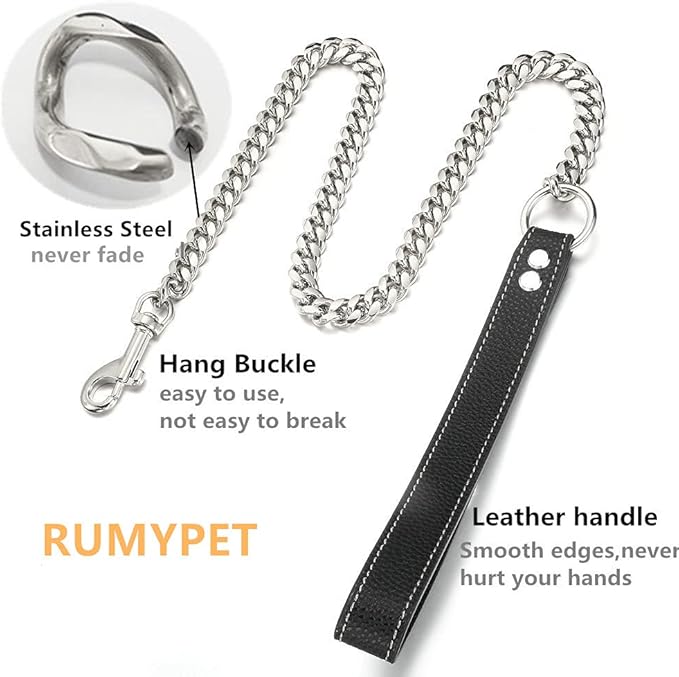 3FT/4FT/5FT Heavy Duty Silver Dog Chain Leash 14MM Stainless Steel Miami Cuban Link Chain with Durable Genuine Leather Handle for Training Walking(14mm,5ft)…