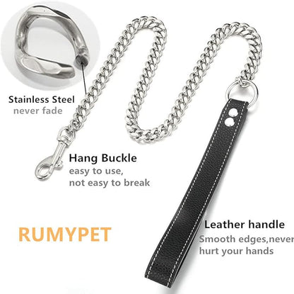 3FT/4FT/5FT Heavy Duty Silver Dog Chain Leash 14MM Stainless Steel Miami Cuban Link Chain with Durable Genuine Leather Handle for Training Walking(14mm,5ft)…