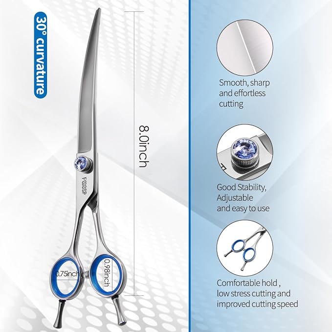 Left Handed Curved Scissors for Dog Grooming Professional 8 inch Long Downward Curved Shears Grooming for Poodle Large Dogs Pet 30°Japanese 440C Stainless Steel (8.0 curved)