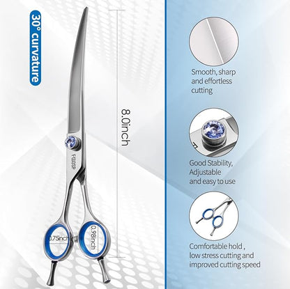 Left Handed Curved Scissors for Dog Grooming Professional 8 inch Long Downward Curved Shears Grooming for Poodle Large Dogs Pet 30°Japanese 440C Stainless Steel (8.0 curved)
