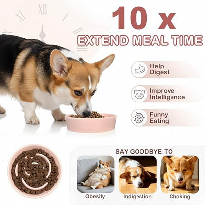 TRUVIC Ceramic Slow Feeder Dog Bowls, 1.5 Cup Puzzle Slow Feeder Bowls for Fast Eaters, Ceramic Dog Food Dish no Black Chin, Puzzle Bowl for Medium Dogs, Pink