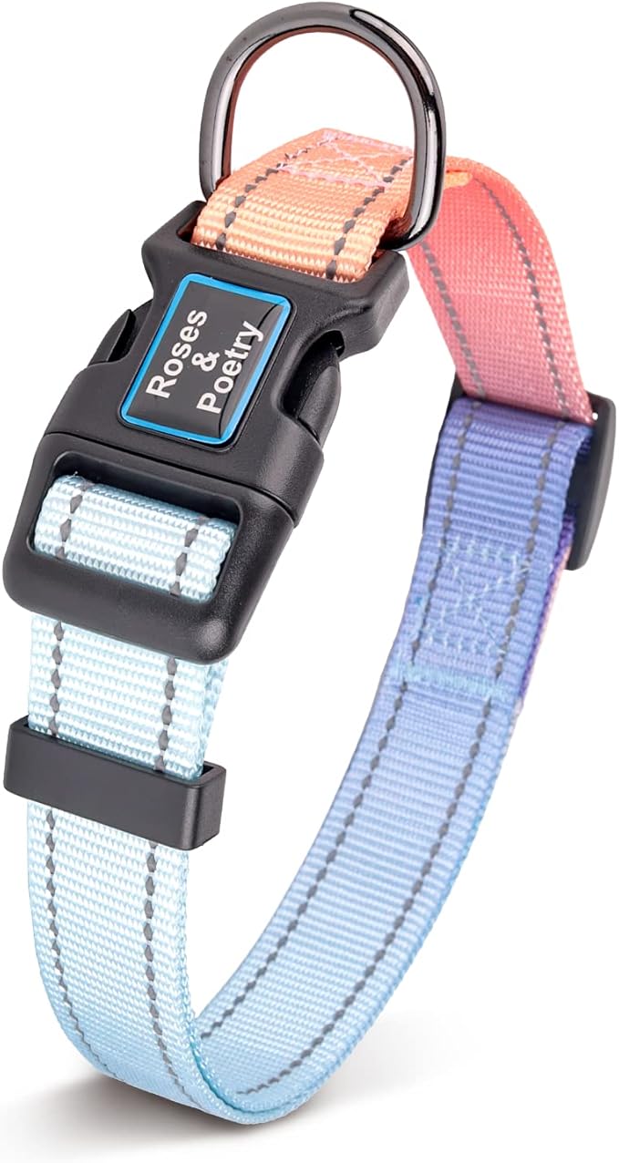Roses&Poetry Dog Collar and Leash Set for Large Dogs, Reflective Dog Collars and Leades with Gradient Azure, Buckle Adjustable Durable Pet Collars Leash for Medium Large Dogs （Azure-L