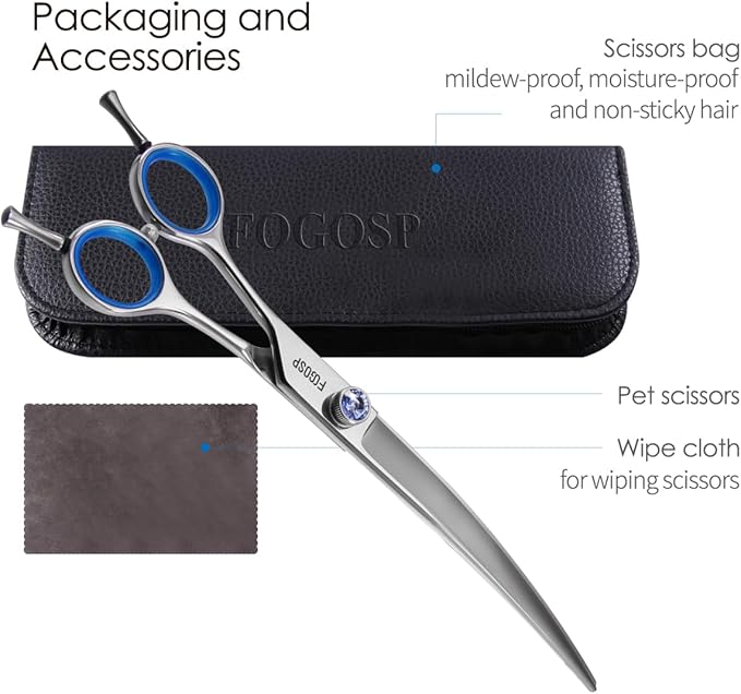 Left Handed Curved Scissors for Dog Grooming Professional 8 inch Long Downward Curved Shears Grooming for Poodle Large Dogs Pet 30°Japanese 440C Stainless Steel (8.0 curved)