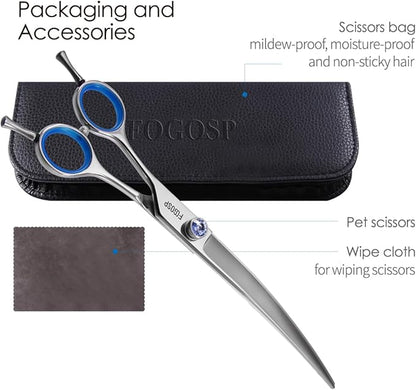 Left Handed Curved Scissors for Dog Grooming Professional 8 inch Long Downward Curved Shears Grooming for Poodle Large Dogs Pet 30°Japanese 440C Stainless Steel (8.0 curved)
