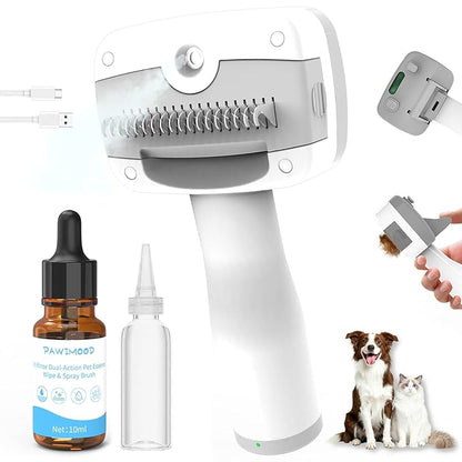 Pawimood Pet Steam Brush for Dogs & Cats – Self Cleaning, 3 in 1 Hair Removal Comb Steam for Shedding & Dematting for Long & Short Haired Pets,Includes Pet Essence