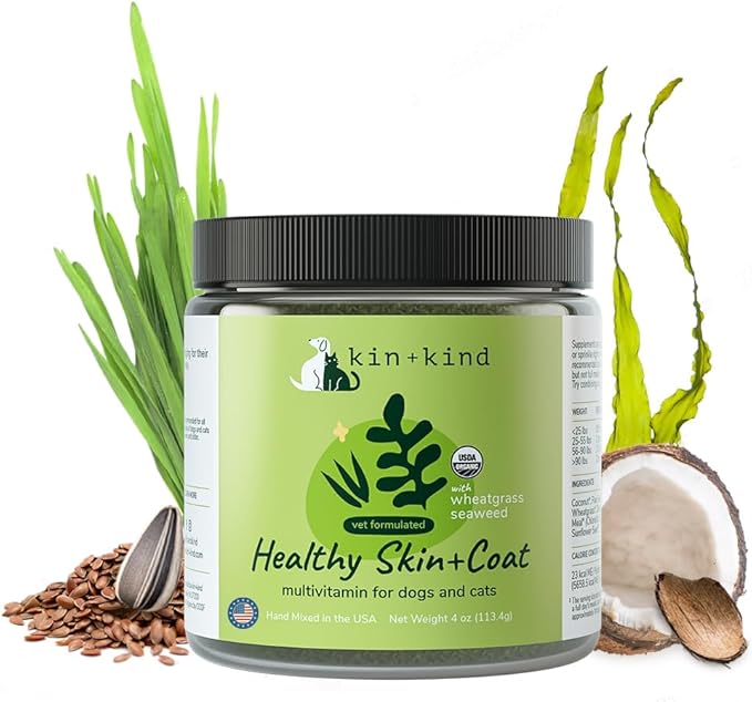 kin+kind Skin and Coat Supplement for Dogs & Cats – Natural Vitamin Supplements with Organic Ingredients for Shiny Fur, Moisturized Skin & Overall Pet Wellness – Dog Essentials & Cat Essentials – 4oz