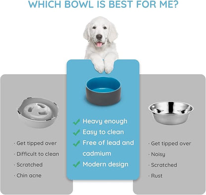 SPUNKYJUNKY 28.7OZ Ceramic Dog and Cat Bowl, Modern Cute Weighted Food Water Bowl for Replacement Blue-Grey (2 Pack)