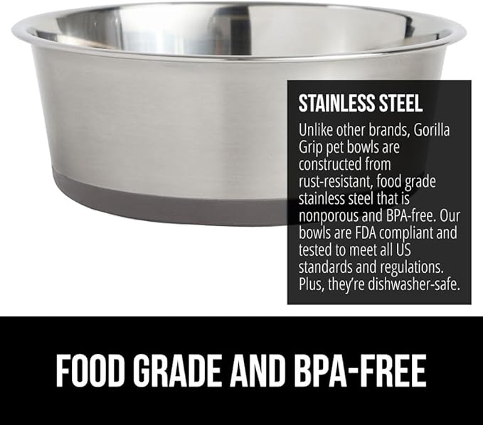 GORILLA GRIP Dog Bowls, Holds 1 Cup Each (8 fl oz), Heavy Duty Stainless Steel Food and Water Bowl for Feeding Dogs and Cats, Dishwasher Safe, Rust Resistant Metal, BPA Free Rubber Base, Set of 2 Gray