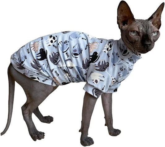 Limited Edition Sphynx Cat Cotton T-Shirts Hairless Cat Sweatshirt Pet Kitten Clothes Round Collar Kitten Shirts Vest Cats & Small Dogs Apparel (Cat Fishbone, M (5.5-6.6 lbs))