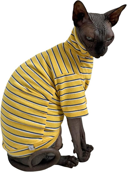 Vintage Stripes Sphynx Hairless Cats Shirt Cotton Cat Turtleneck Pet Clothes Kitten T-Shirts with Sleeves for Sphynx Cornish Rex, Devon Rex, Peterbald (Yellow Stripe, Small (Pack of 1))