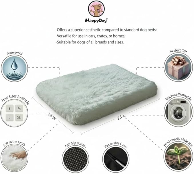 IHAPPYDOG Luxury Faux Fur Orthopedic Dog Beds, Memory Foam Crate Bed for Small, Medium, Large and XL Pets, Fluffy Pet Bed with Waterproof and Washable Cover, Fits Crates (White, 23"x18")
