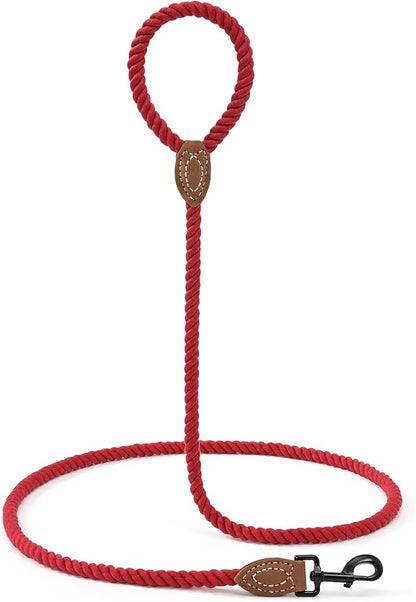 Mile High Life Dog Leash, Braided Cotton Rope Leashes with Leather Tip - Heavy Duty Metal Clasp, 4FT, 1/2" Thick - Wedding, Walking & Training Leash for Small Medium Large Dogs (Red)