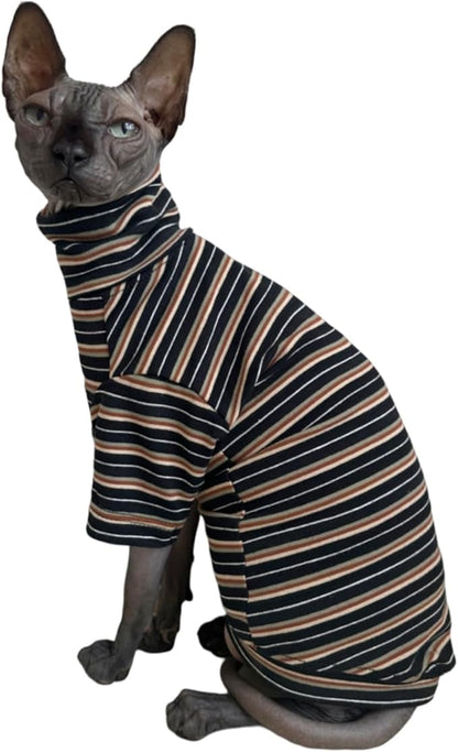 Vintage Stripes Sphynx Hairless Cats Shirt Cotton Cat Turtleneck Pet Clothes Kitten T-Shirts with Sleeves for Sphynx Cats (Vintage Black, XX-Large)