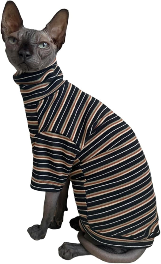 Vintage Stripes Sphynx Hairless Cats Shirt Cotton Cat Turtleneck Pet Clothes Kitten T-Shirts with Sleeves for Sphynx Cats (Vintage Black, XX-Large)