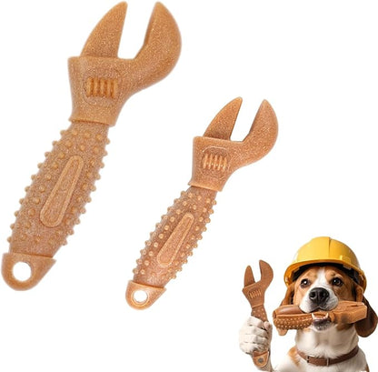 Dog Chew Toys, Aggressive chewer toy for Medium& Large dogs, Made of real pine wood and durable Food-Grade nylon, with Tool Shape Design for Dental Cleaning and Long-Lasting Chewing Fun(brown-wrench)