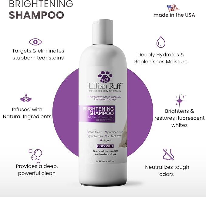 Lillian Ruff PRO Formula Ultra Brightening Dog Shampoo - Professional Whitening & Long-Lasting Odor Eliminator, Remove Stains & Discoloration, Dry Skin & Itch Relief - Aloe & Provitamin B5 16oz+Brush