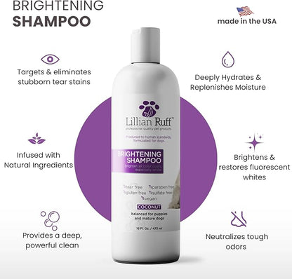 Lillian Ruff PRO Formula Ultra Brightening Dog Shampoo - Professional Whitening & Long-Lasting Odor Eliminator, Remove Stains & Discoloration, Dry Skin & Itch Relief - Aloe & Provitamin B5 16oz+Brush