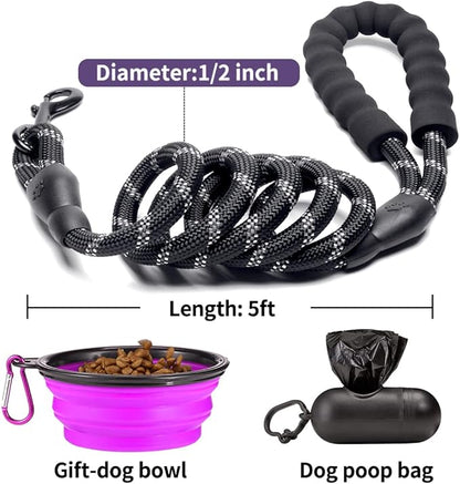 COOYOO 2 Pack Dog Leash 4 FT Heavy Duty - Comfortable Padded Handle - Reflective Dog Leash for Medium Large Dogs with Collapsible Pet Bowl Set 3-Black+Purple