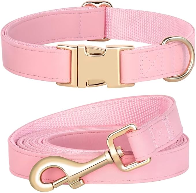 PET ARTIST Soft PU Leather Dog Collar and Leash Set, Bright & Stylish 5FT PU Leather Leash and Collar Set, Durable Pet Collars with Quick Release Metal Buckle for Small Dogs,Pink,S(9"-14")