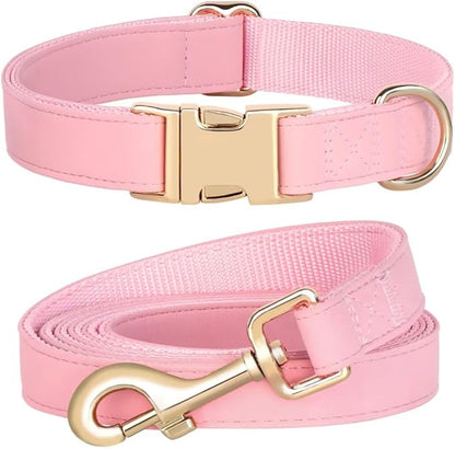 PET ARTIST Soft PU Leather Dog Collar and Leash Set, Bright & Stylish 5FT PU Leather Leash and Collar Set, Durable Pet Collars with Quick Release Metal Buckle for Small Dogs,Pink,S(9"-14")