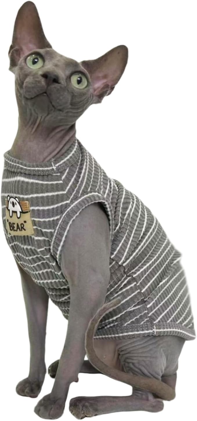 Sphynx Cat Clothes Vest for Hairless Cat, Rib Knit Stripe Cats T-Shirt Apparel, Kitten Summer Cotton Shirts Sleeveless for Cornish Rex, Devon Rex, Peterbald (Grey, M (5.5-7.2 lbs))