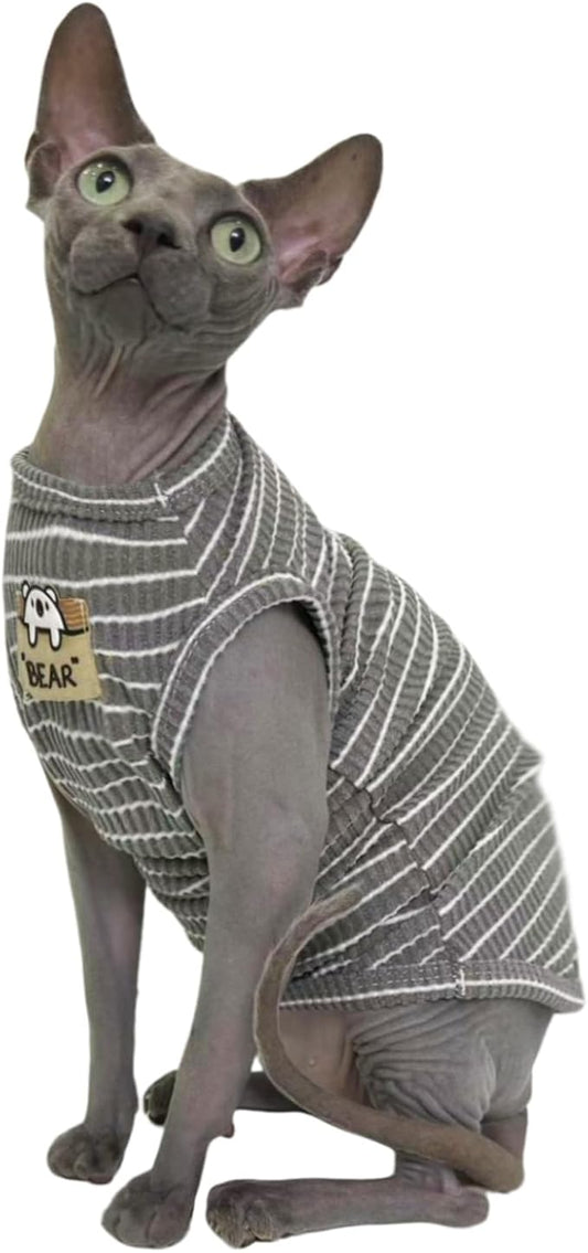 Sphynx Cat Clothes Vest for Hairless Cat, Rib Knit Stripe Cats T-Shirt Apparel, Kitten Summer Cotton Shirts Sleeveless for Cornish Rex, Devon Rex, Peterbald (Grey, M (5.5-7.2 lbs))