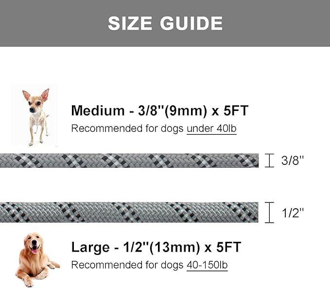 5 FT Slip Lead Dog Leash, Heavy Duty Rope Leash for Small Medium Large Dogs, No Pull Training Lead with Reflective Thread, Strong Comfortable Loop Leash (Grey Stripe, Large(1/2"))