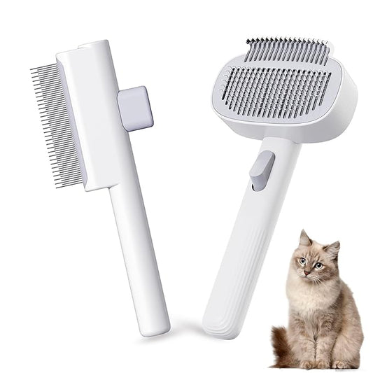 LGYJQTCMG Pet Grooming Combo with Release Button - 2-in-1 Pet Detangling Brush and Cat Dematting Comb with Long & Short Stainless Steel Metal Teeth Easy to Remove Loose Undercoat,Matted Fur & Tangles