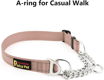 Plutus Pet Martingale Dog Collar with Stainless Steel Chain and Reflective Nylon, Adjustable No Pull Training Collar, for Small Medium, and Large Dogs, Beige, M