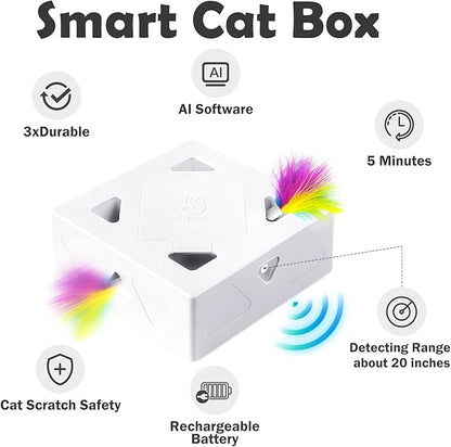 Interactive Cat Toys -Migibox for Indoor Bored Cats, Automatic Pop Out Feathers from 7 Holes Randomly, Motion Activated, USB Rechargeable (Purple Skin)
