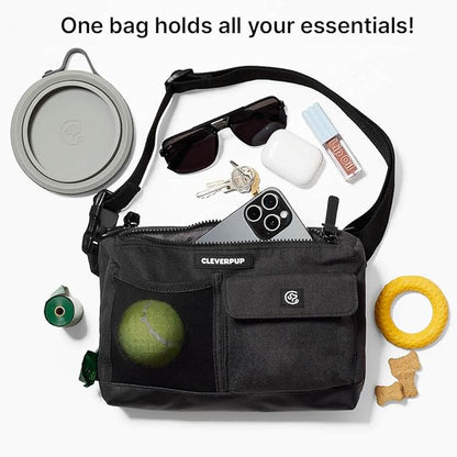 Cleverpup, Dog Walk & Train Sling Bag - Hands-Free 2-In-1 Treat Pouch, Poop Bag Holder, Clicker, Phone Pocket - Crossbody/Fanny Pack, Adjustable Strap - Graphite