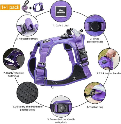 Airtag Dog Harness Chest Plate Reflective No Pull Harness with Leash for Extra Large Dogs (Purple, M)