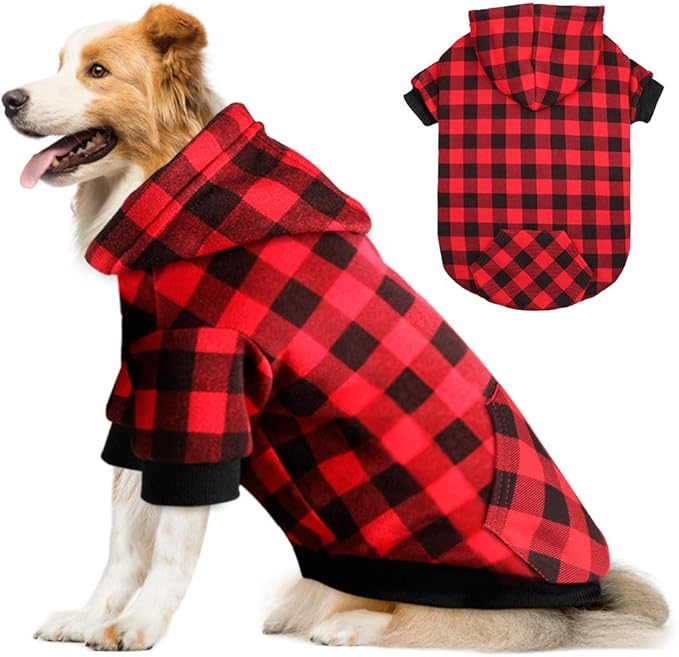 Red Plaid Dog Hoodie Sweater for Dogs Pet Clothes with Hat and Pocket（XXL）