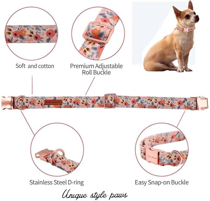 Unique style paws Dog Collar Metal Buckle Pink Rose Puppy Collar Flower Gift Durable Cute for Small Medium Large Boys Girls Dogs