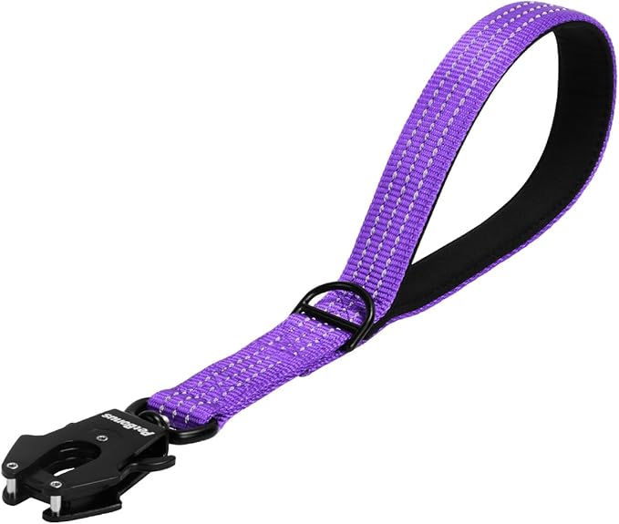 PetBonus Heavy Duty Short Dog Leash, 12 Inch Nylon Traffic Leash with Quick Release Clip, Comfortable Padded Handle, Reflective Training Lead for Medium Large Dogs (Purple, 12")